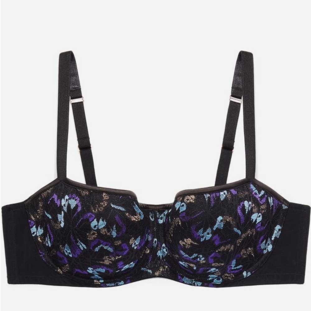Savage X Fenty Black Underwire Bra with Purple & Teal Floral Embroidery